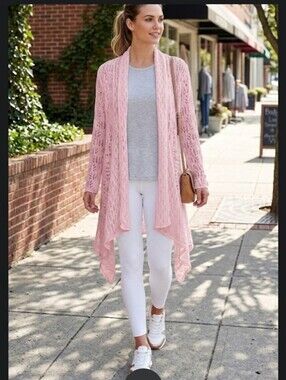 New Pink Crocheted Cardigan Jacket L Woman Within Open Front